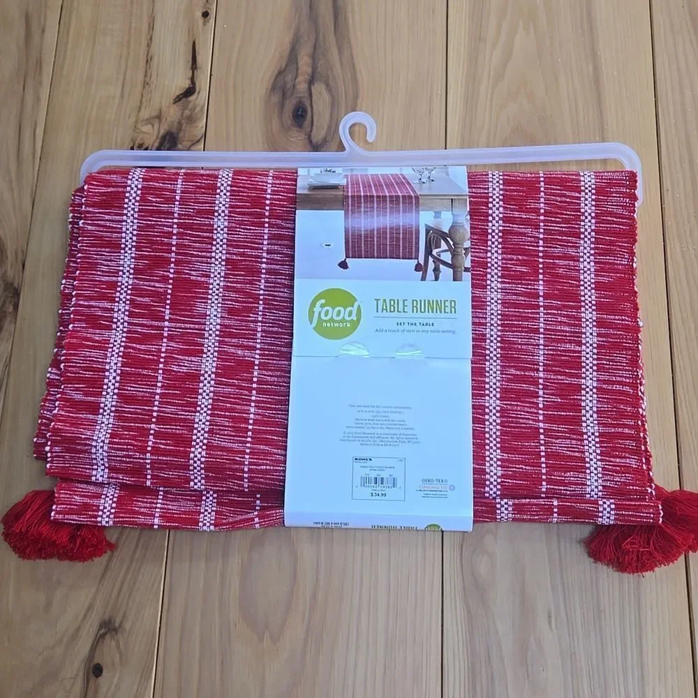 FOOD NETWORK TABLE RUNNER, RIBBED RED STRIPED WITH TASSLES - NEW